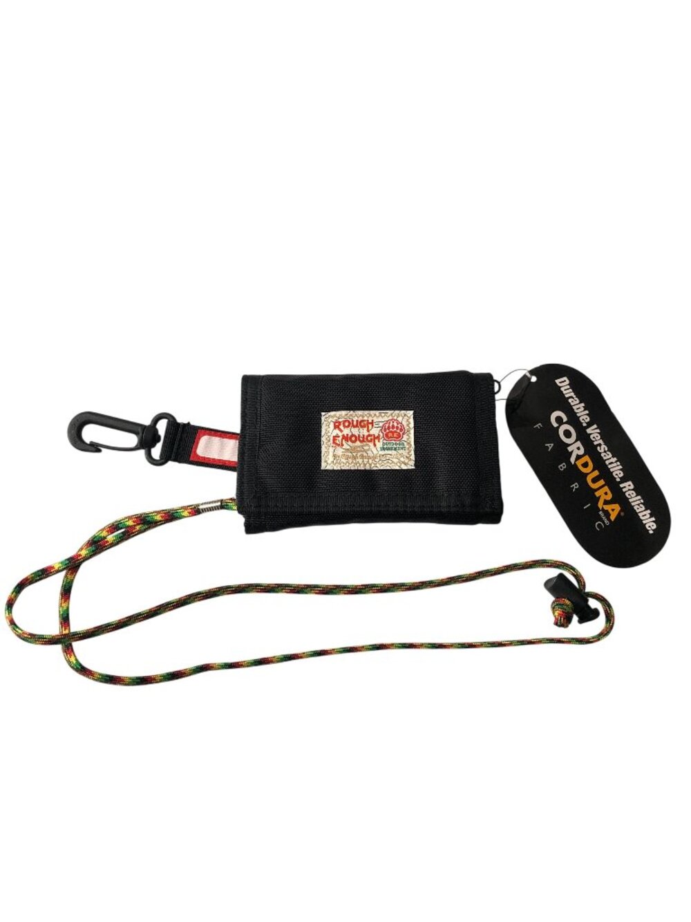 Rough Enough Black Trifold Wallet Cordura Fabric Detachable Lanyard